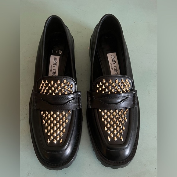 Jimmy Choo Deanna Black Gold Spiked Slip In Embellished Loafer Shoes 37.5 New - Picture 1 of 15